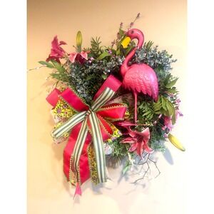 Tropical Pink Flamingo Front Door Wreath Summer Floral Decor Pink Lily Greenery